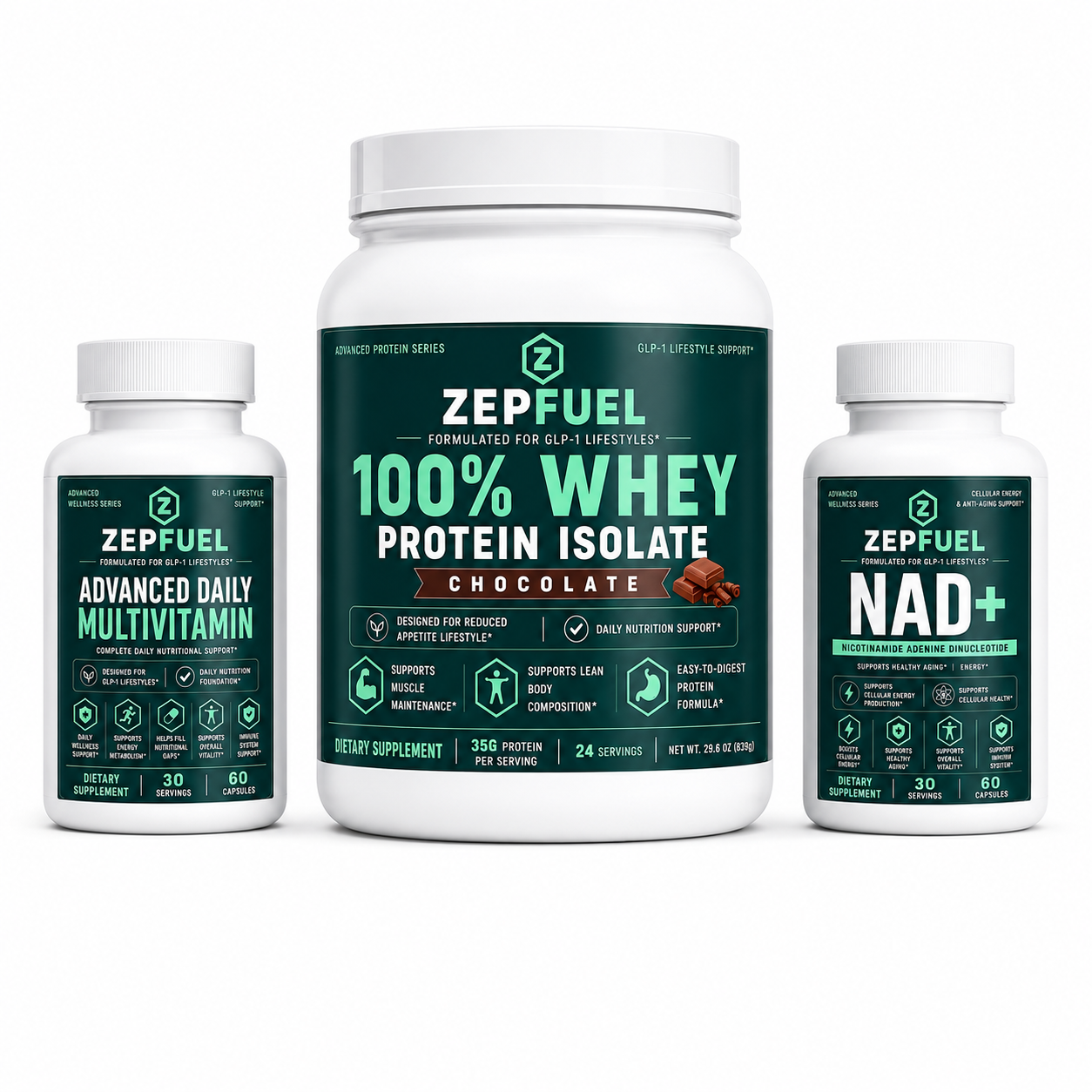 Zepfuel GLP-1 Lifestyle Starter Stack — Whey Protein Isolate (chocolate) + Multivitamin + NAD+